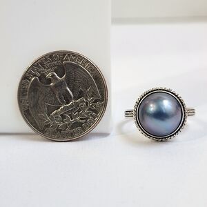 NIB VTG 925 Silver Blue Mabe Pearl Large Dome Peacock Bali Style Ring Sz 8